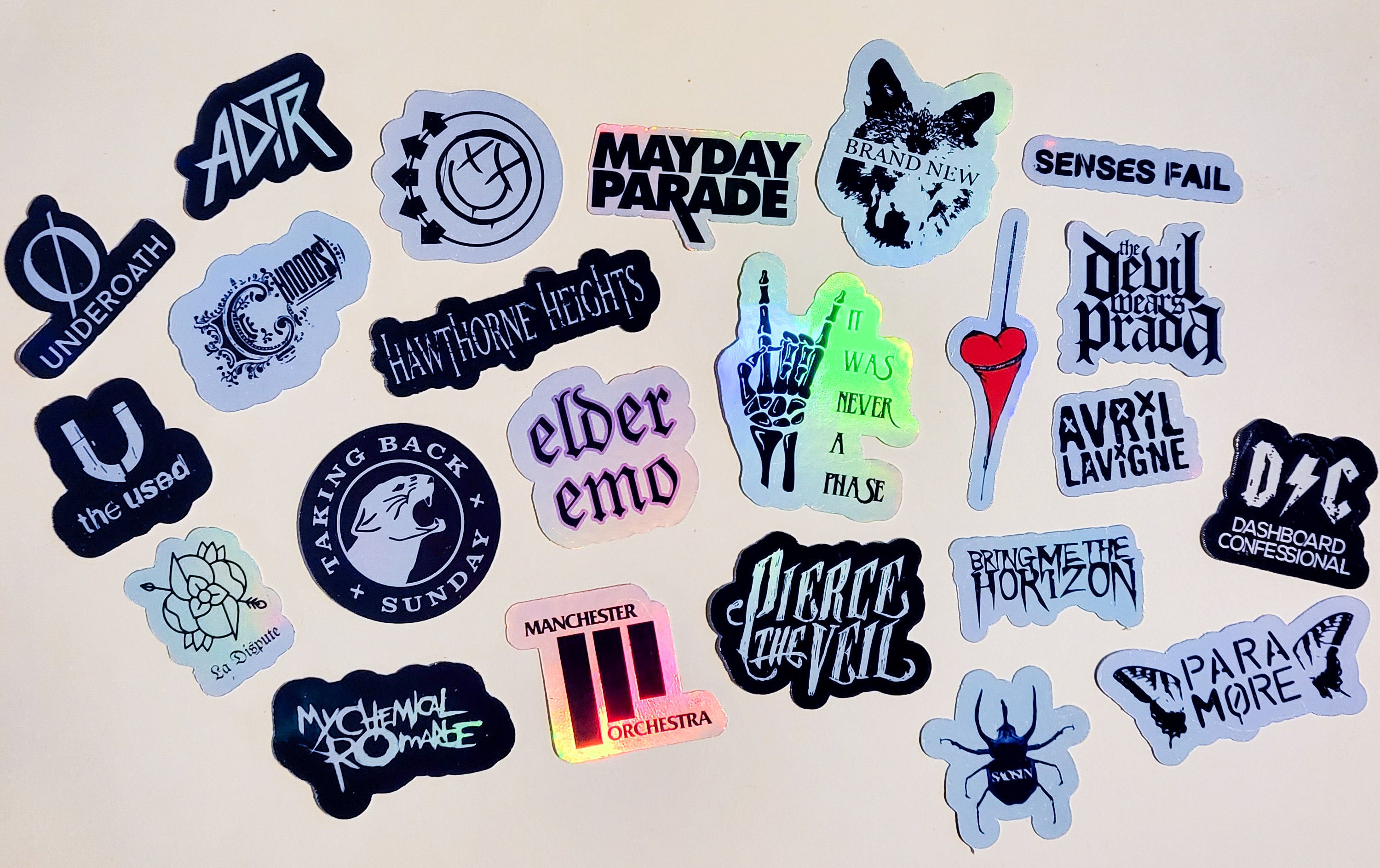 Elder Emo Sticker Set -Pack of 23 Holographic Stickers - not a phase bands emo kid music alternative 2000s millennial brand new mcr tbs adtr