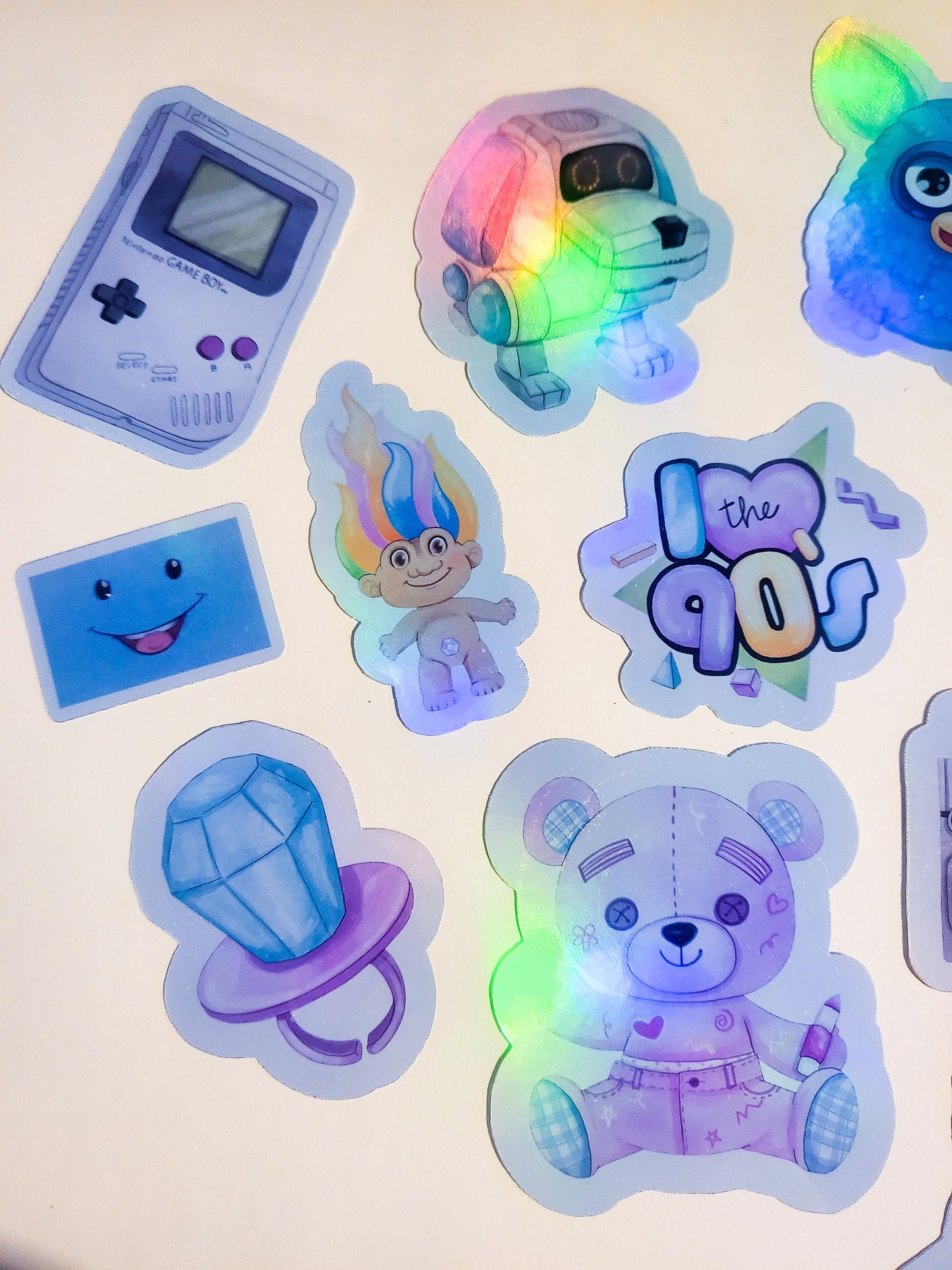 90s Pastel Nostalgia Sticker Set -Pack of 14 Holographic Stickers - 1990s retro vintage gameboy furby cassette ringpop doodlebear tamagotchi