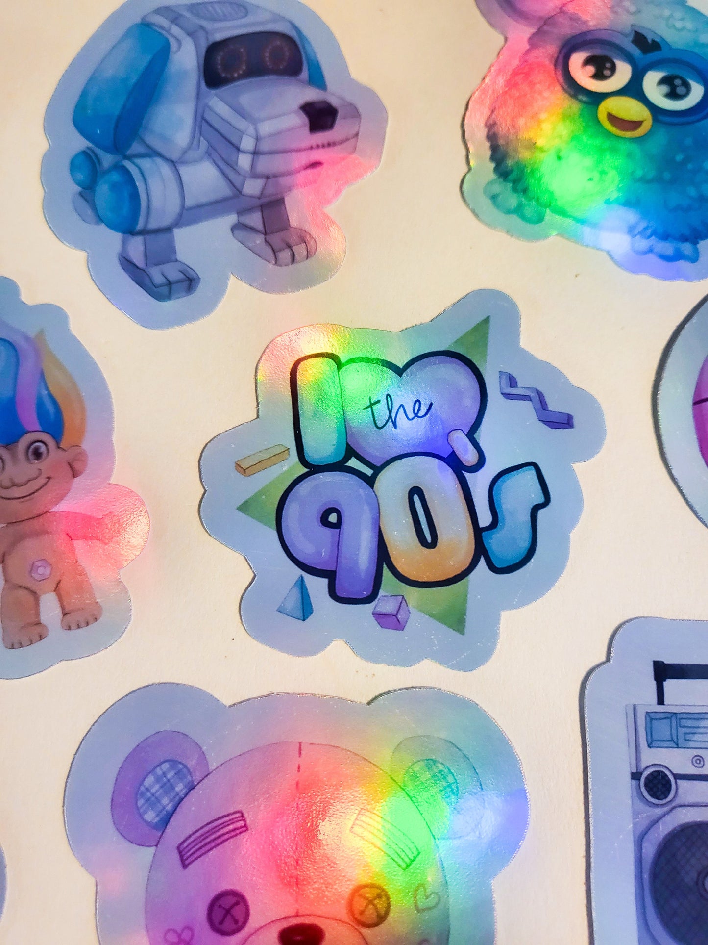 90s Pastel Nostalgia Sticker Set -Pack of 14 Holographic Stickers - 1990s retro vintage gameboy furby cassette ringpop doodlebear tamagotchi