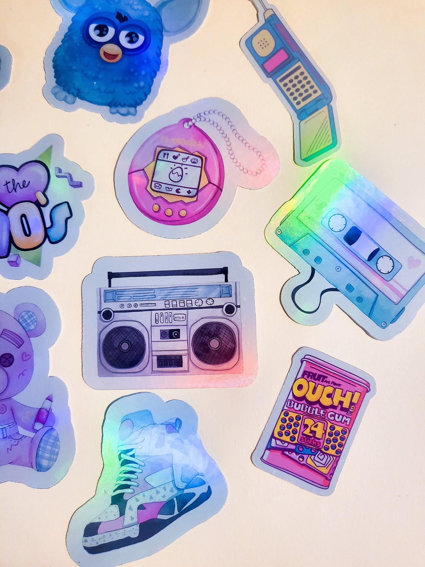 90s Pastel Nostalgia Sticker Set -Pack of 14 Holographic Stickers - 1990s retro vintage gameboy furby cassette ringpop doodlebear tamagotchi