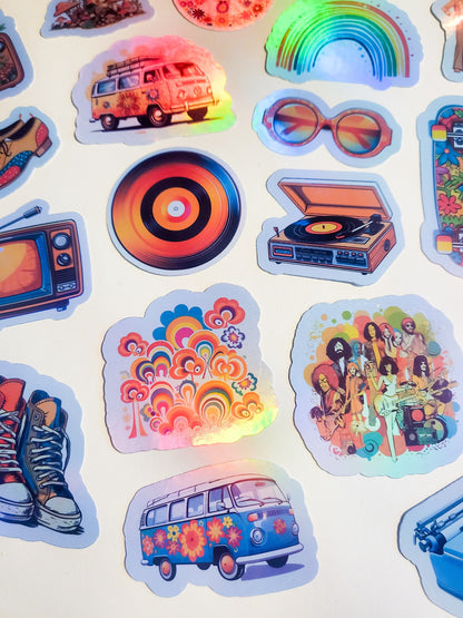 70s Nostalgia Sticker Set - Pack of 29 Holographic or Glossy Stickers - 1970s retro vintage converse vw bus rainbow hippie peace disco skate