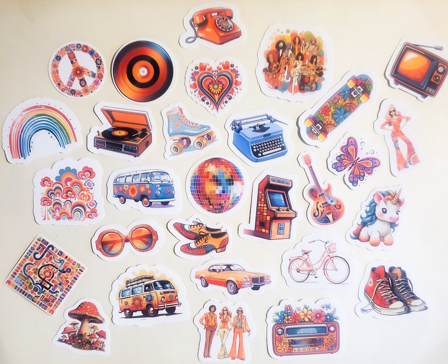 70s Nostalgia Sticker Set - Pack of 29 Holographic or Glossy Stickers - 1970s retro vintage converse vw bus rainbow hippie peace disco skate