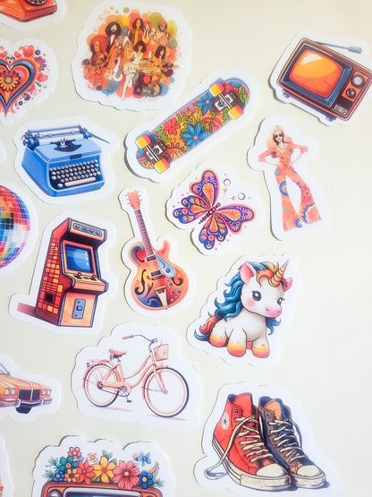 70s Nostalgia Sticker Set - Pack of 29 Holographic or Glossy Stickers - 1970s retro vintage converse vw bus rainbow hippie peace disco skate