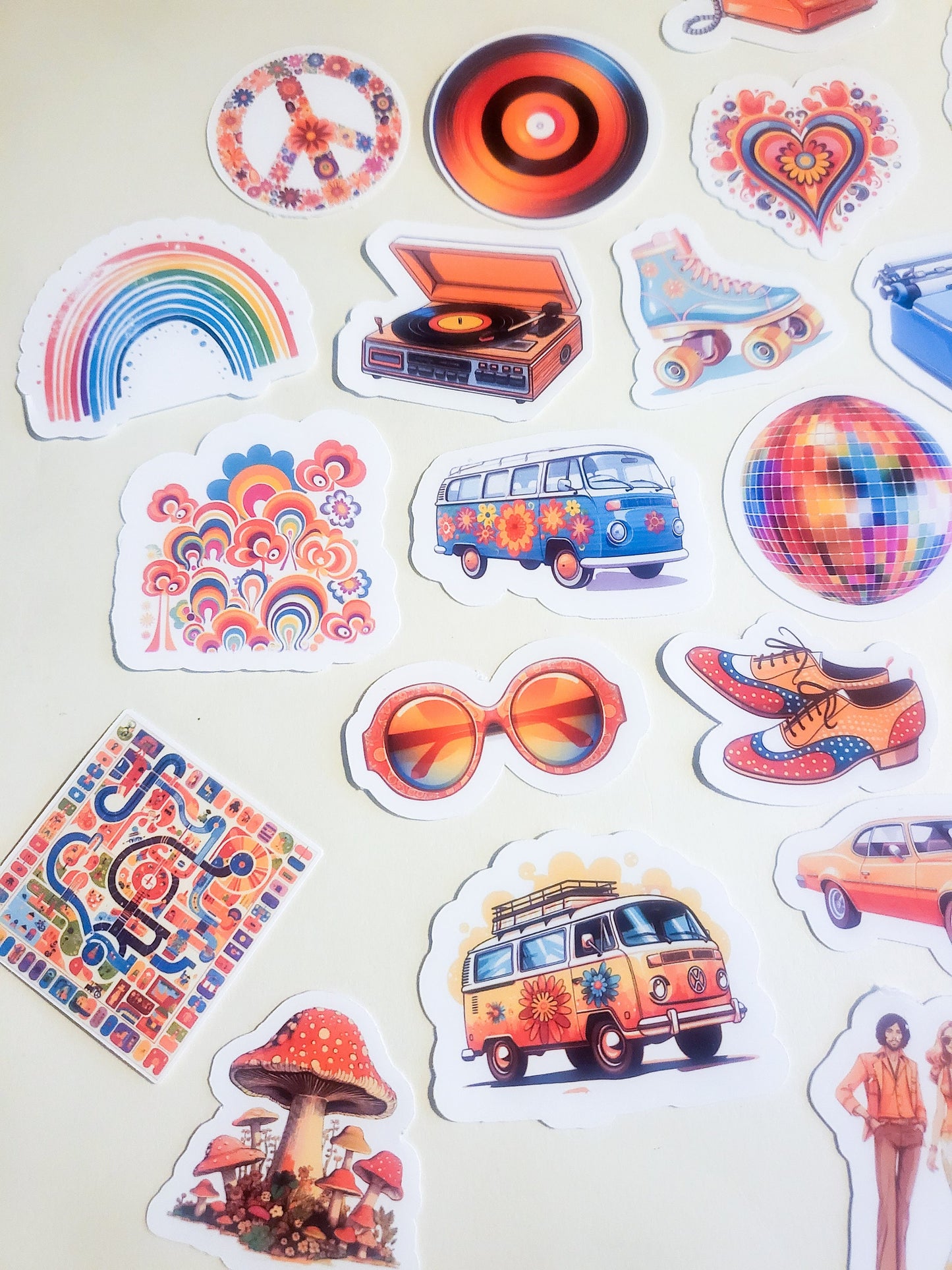 70s Nostalgia Sticker Set - Pack of 29 Holographic or Glossy Stickers - 1970s retro vintage converse vw bus rainbow hippie peace disco skate