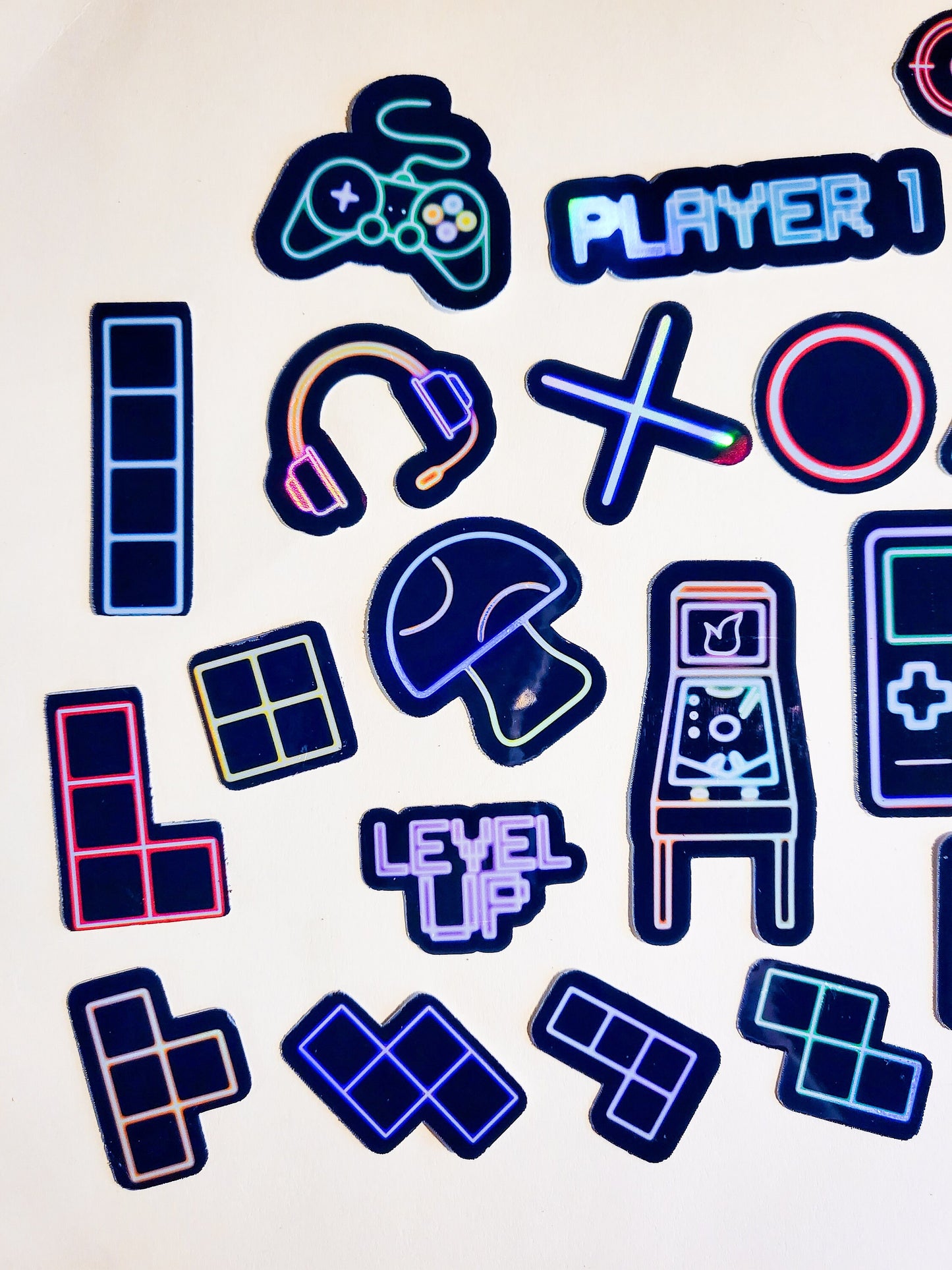 Neon Gamer Sticker Set - Pack of 32 Holographic Stickers - video game arcade gameboy controller player 1 2 level up mushroom pinball tetris