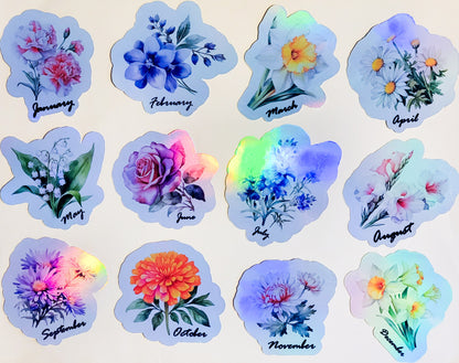 Birth Month Flower Holographic Stickers - Set of 12 or Single Sticker - approx. 3" - floral birthday gift carnation rose violet lily daisy