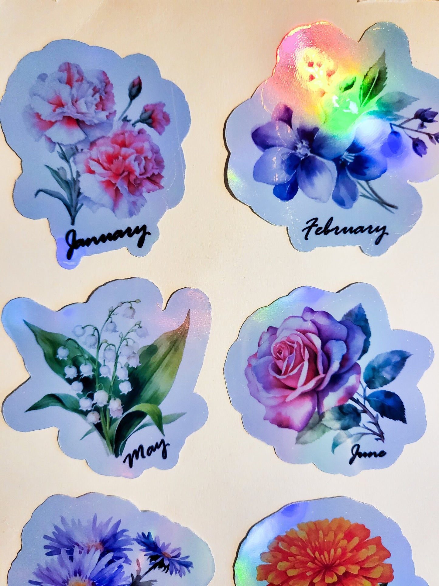 Birth Month Flower Holographic Stickers - Set of 12 or Single Sticker - approx. 3" - floral birthday gift carnation rose violet lily daisy