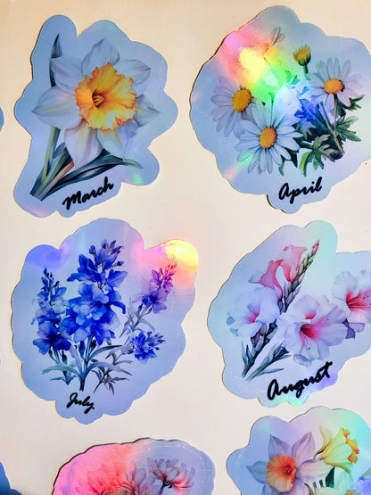 Birth Month Flower Holographic Stickers - Set of 12 or Single Sticker - approx. 3" - floral birthday gift carnation rose violet lily daisy