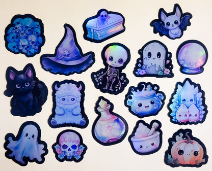 Pastel Goth Sticker Set - Pack of 16 Holographic Stickers - kawaii cute black pink purple skeleton witchy witch hat cat coffin crystal ball