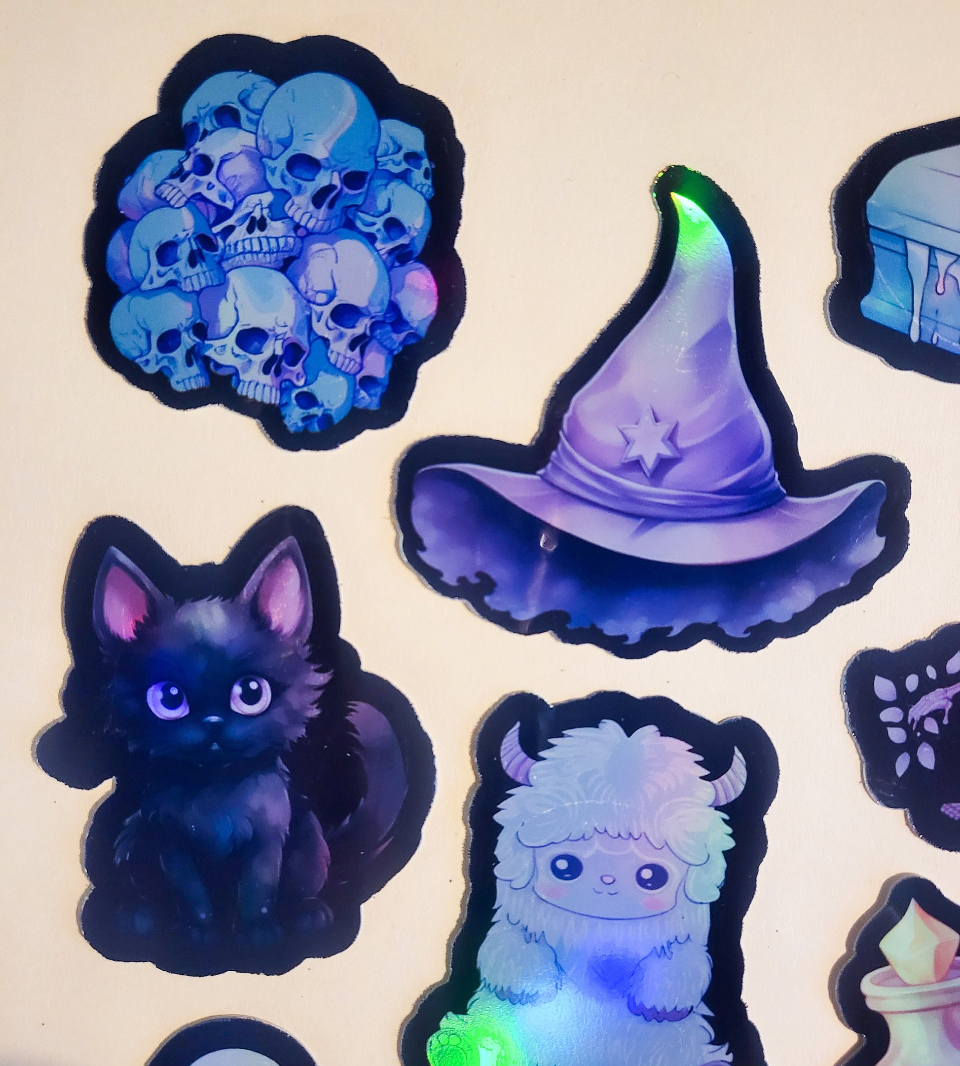 Pastel Goth Sticker Set - Pack of 16 Holographic Stickers - kawaii cute black pink purple skeleton witchy witch hat cat coffin crystal ball