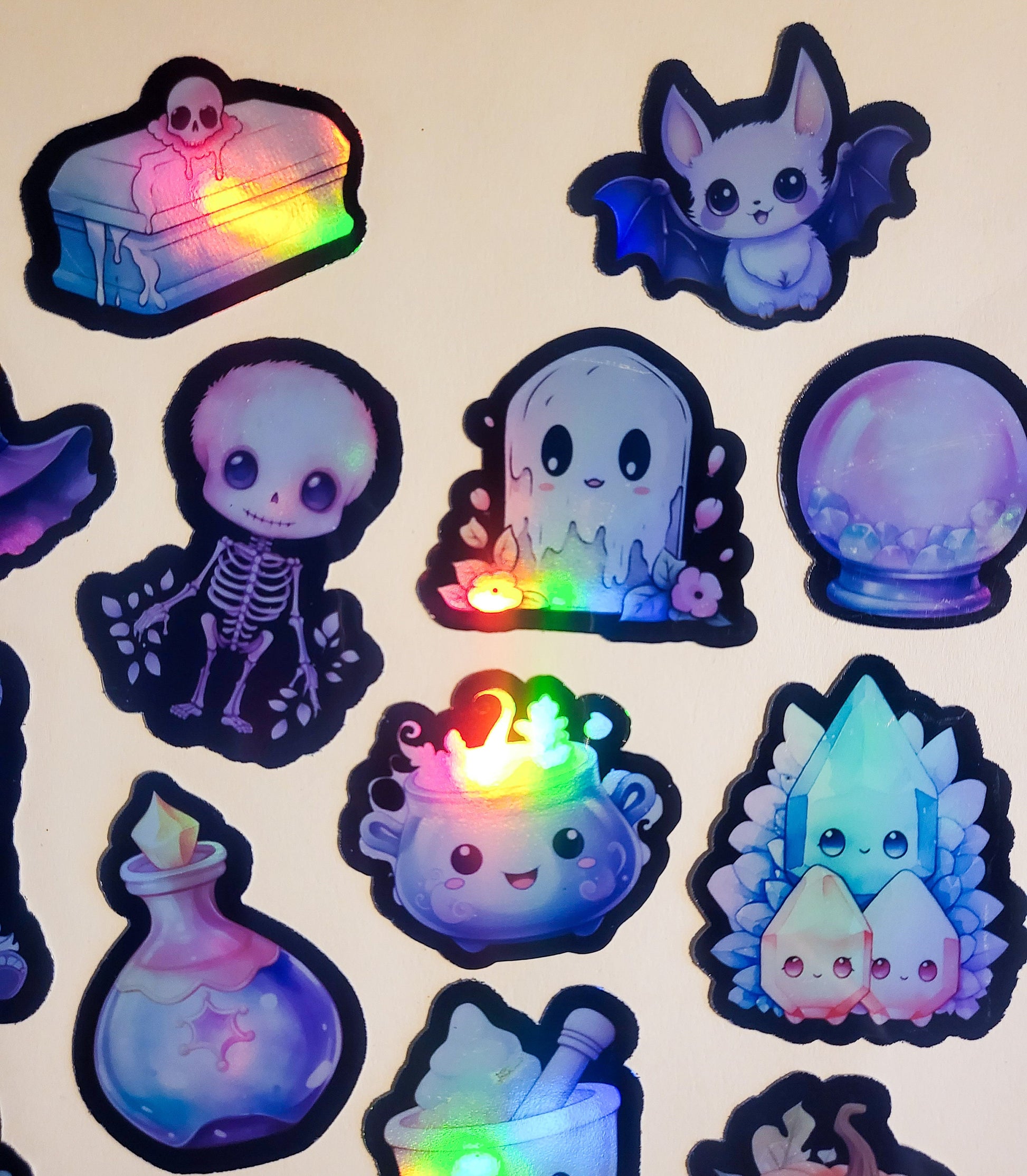 Pastel Goth Sticker Set - Pack of 16 Holographic Stickers - kawaii cute black pink purple skeleton witchy witch hat cat coffin crystal ball