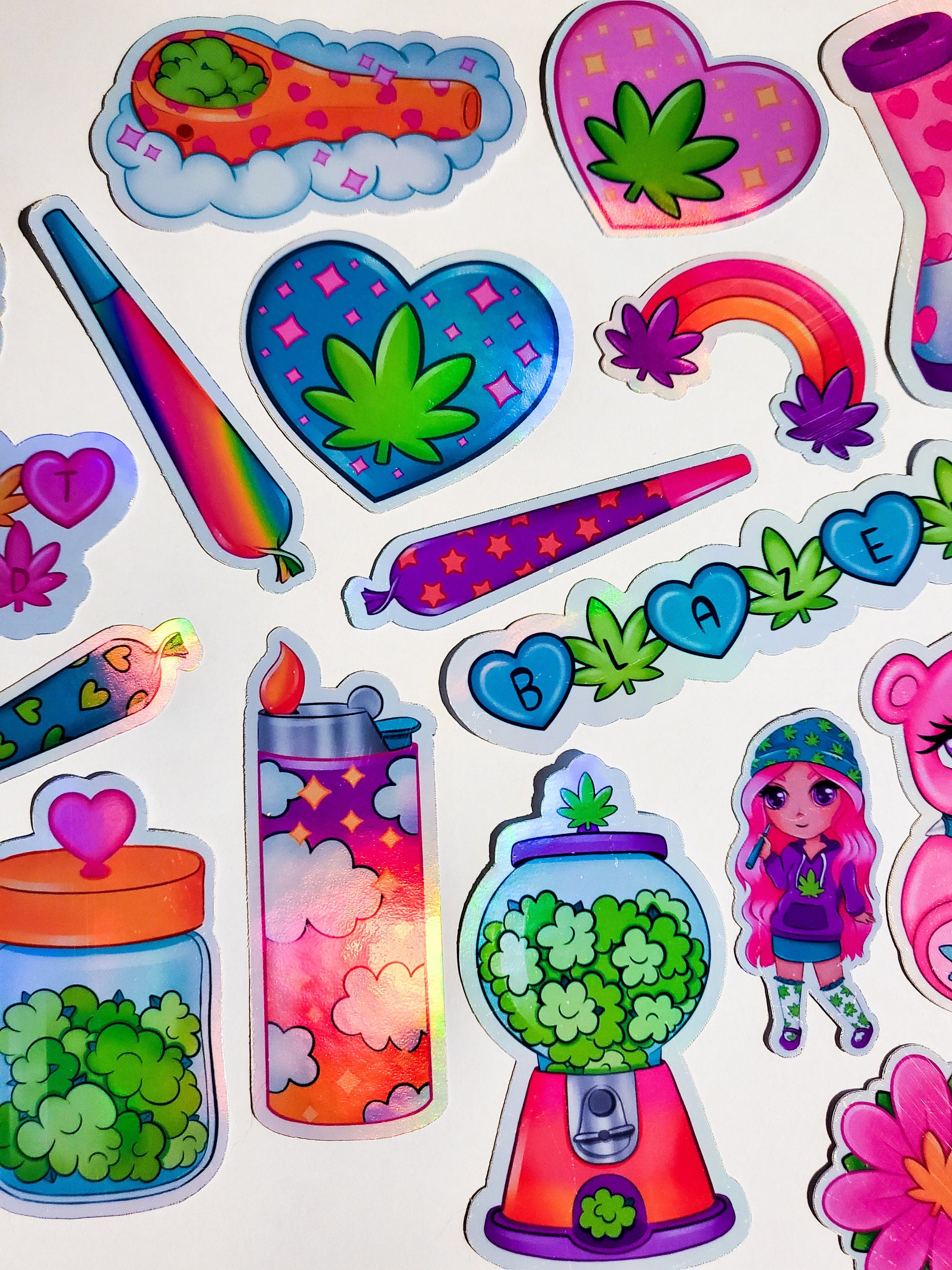 Girl Blunt Sticker Set - Holographic or Glossy - 18 Stickers - cute kawaii stoner weed joints marijuana cannabis 420 bud bong pipe lighter