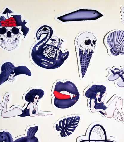 Vampire Vacation - Sticker Set - 26 Stickers - Glossy or Holographic - goth summer spooky season halloween beach skulls black white emo girl