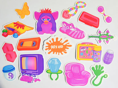 Neon 90s Kid Sticker Set - 18 Glossy Stickers - furby ringpop inflatable chair gushers jelly shoe orange vhs 1990s 90's baby butterfly clip