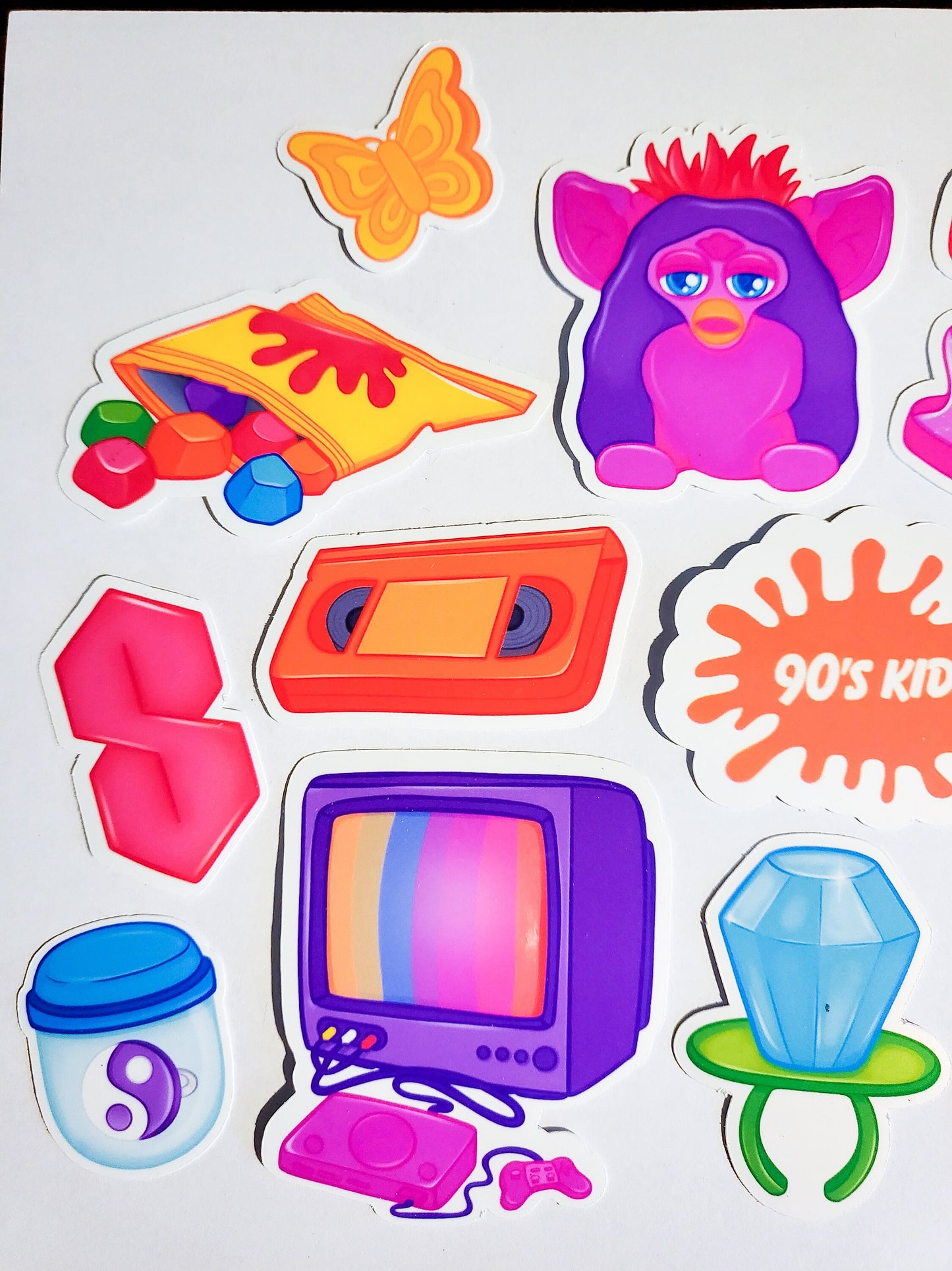 Neon 90s Kid Sticker Set - 18 Glossy Stickers - furby ringpop inflatable chair gushers jelly shoe orange vhs 1990s 90's baby butterfly clip