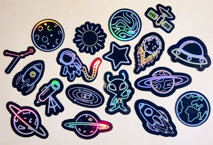 Neon Space Vibes Sticker Set - Pack of 18 Holographic Stickers - outerspace alien planets moon sun star rocket asteroid celestial astronomy