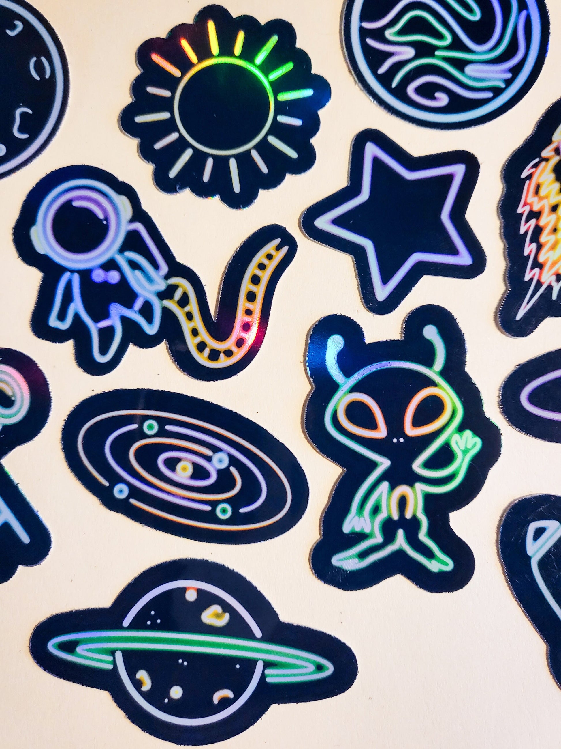 Neon Space Vibes Sticker Set - Pack of 18 Holographic Stickers - outerspace alien planets moon sun star rocket asteroid celestial astronomy