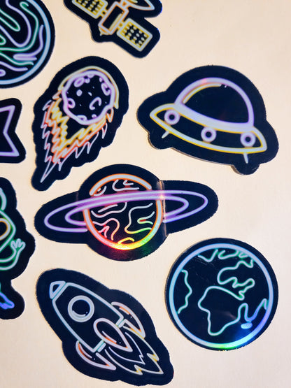 Neon Space Vibes Sticker Set - Pack of 18 Holographic Stickers - outerspace alien planets moon sun star rocket asteroid celestial astronomy