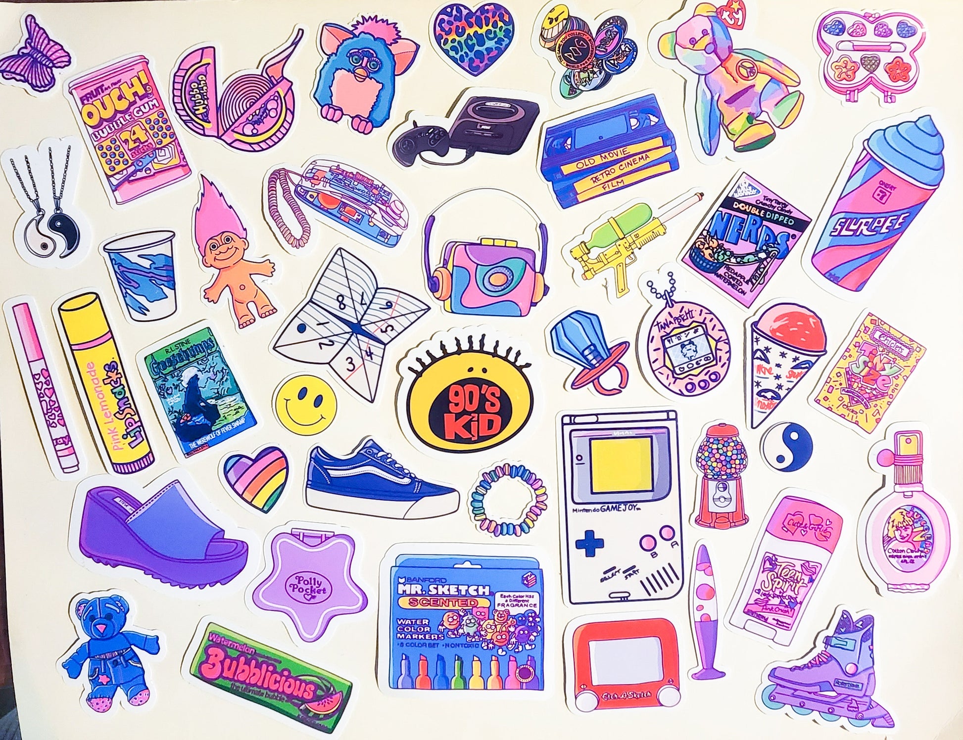 90s Nostalgia Mega Sticker Set - 44 Pack Glossy Stickers - 1990s retro vintage 90's kid baby gameboy furby goosebumps smackers ringpop vhs