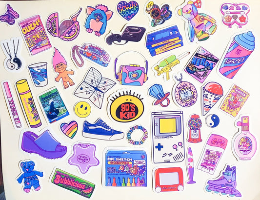 90s Nostalgia Mega Sticker Set - 44 Pack Glossy Stickers - 1990s retro vintage 90's kid baby gameboy furby goosebumps smackers ringpop vhs