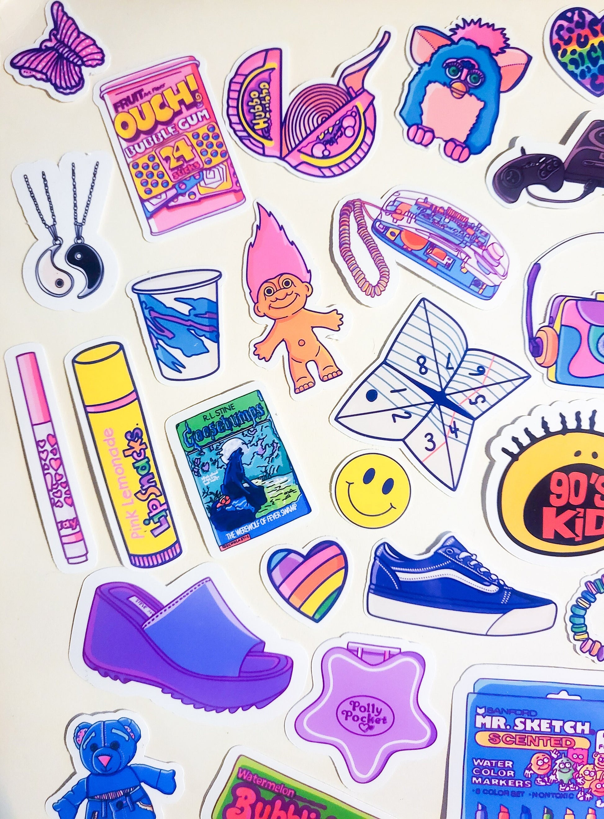 90s Nostalgia Mega Sticker Set - 44 Pack Glossy Stickers - 1990s retro vintage 90's kid baby gameboy furby goosebumps smackers ringpop vhs