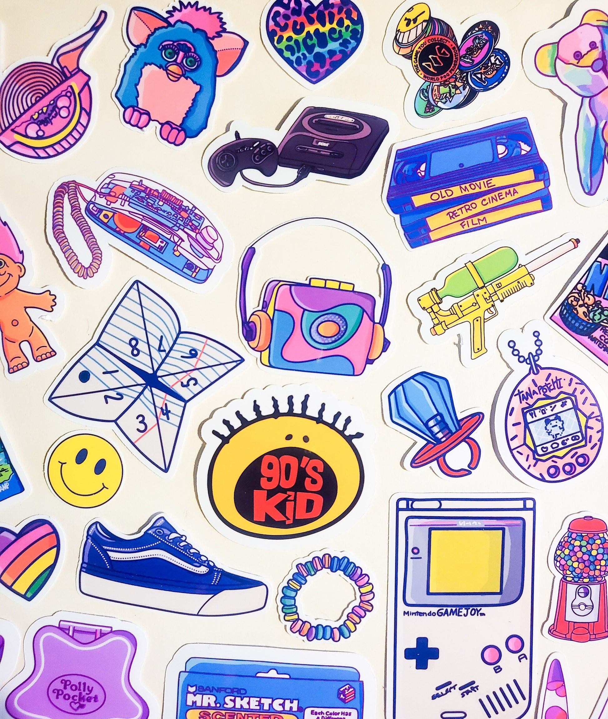 90s Nostalgia Mega Sticker Set - 44 Pack Glossy Stickers - 1990s retro vintage 90's kid baby gameboy furby goosebumps smackers ringpop vhs