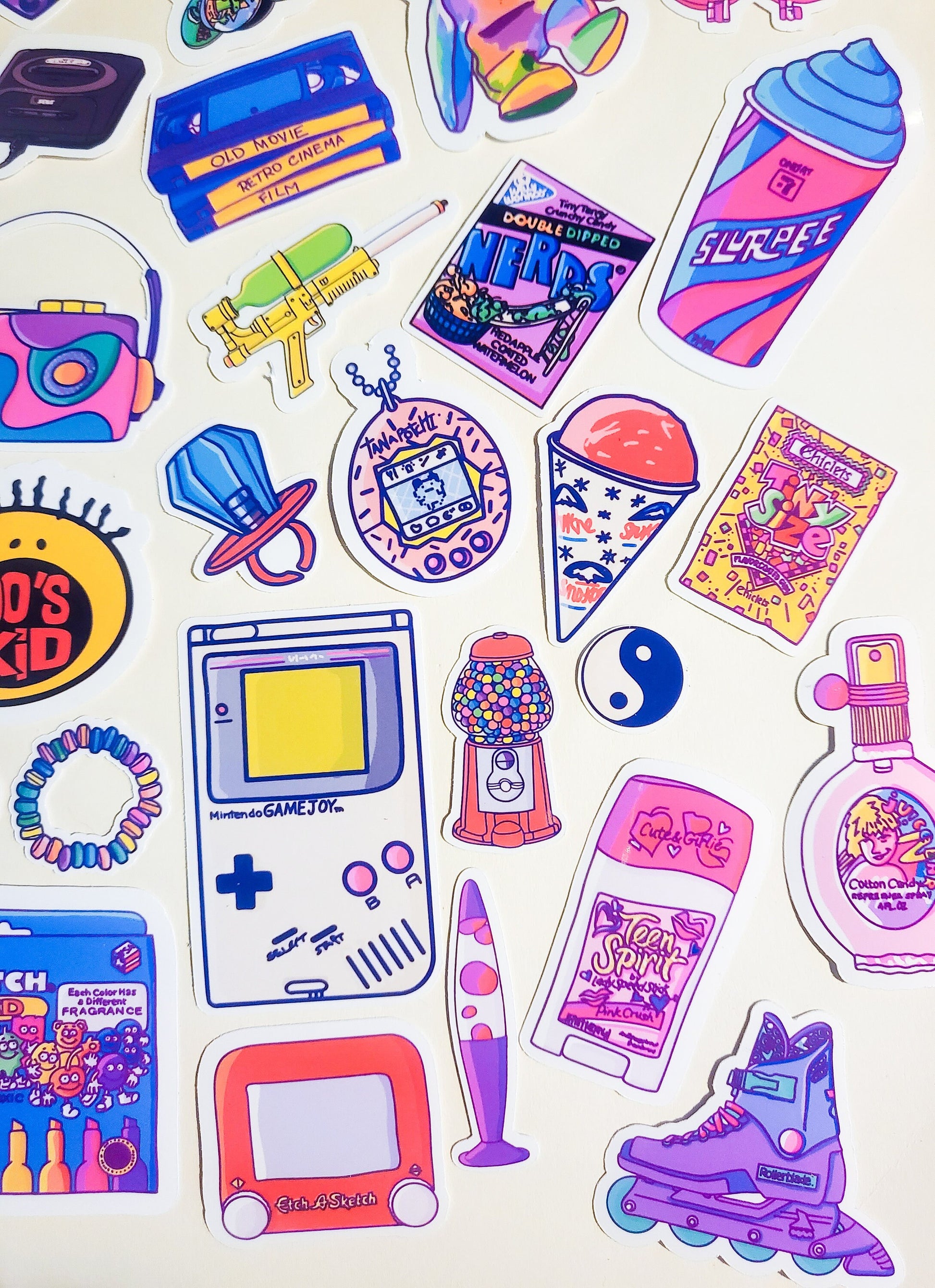 90s Nostalgia Mega Sticker Set - 44 Pack Glossy Stickers - 1990s retro vintage 90's kid baby gameboy furby goosebumps smackers ringpop vhs