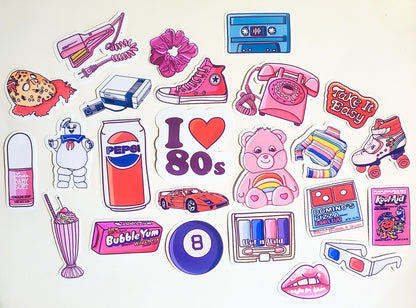 80s Nostalgia Sticker Set - 24 Pack Glossy Stickers - 1980s 80's kid baby retro vintage carebear pepsi 8 ball koolaid nintendo scrunchie