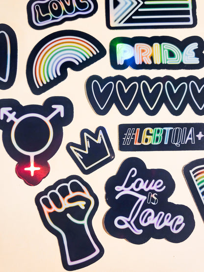 Neon Pride Sticker Set - Pack of 16 Holographic Stickers - LGBTIQA+ love is love rainbow flag hearts activist human rights gay lesbian bi