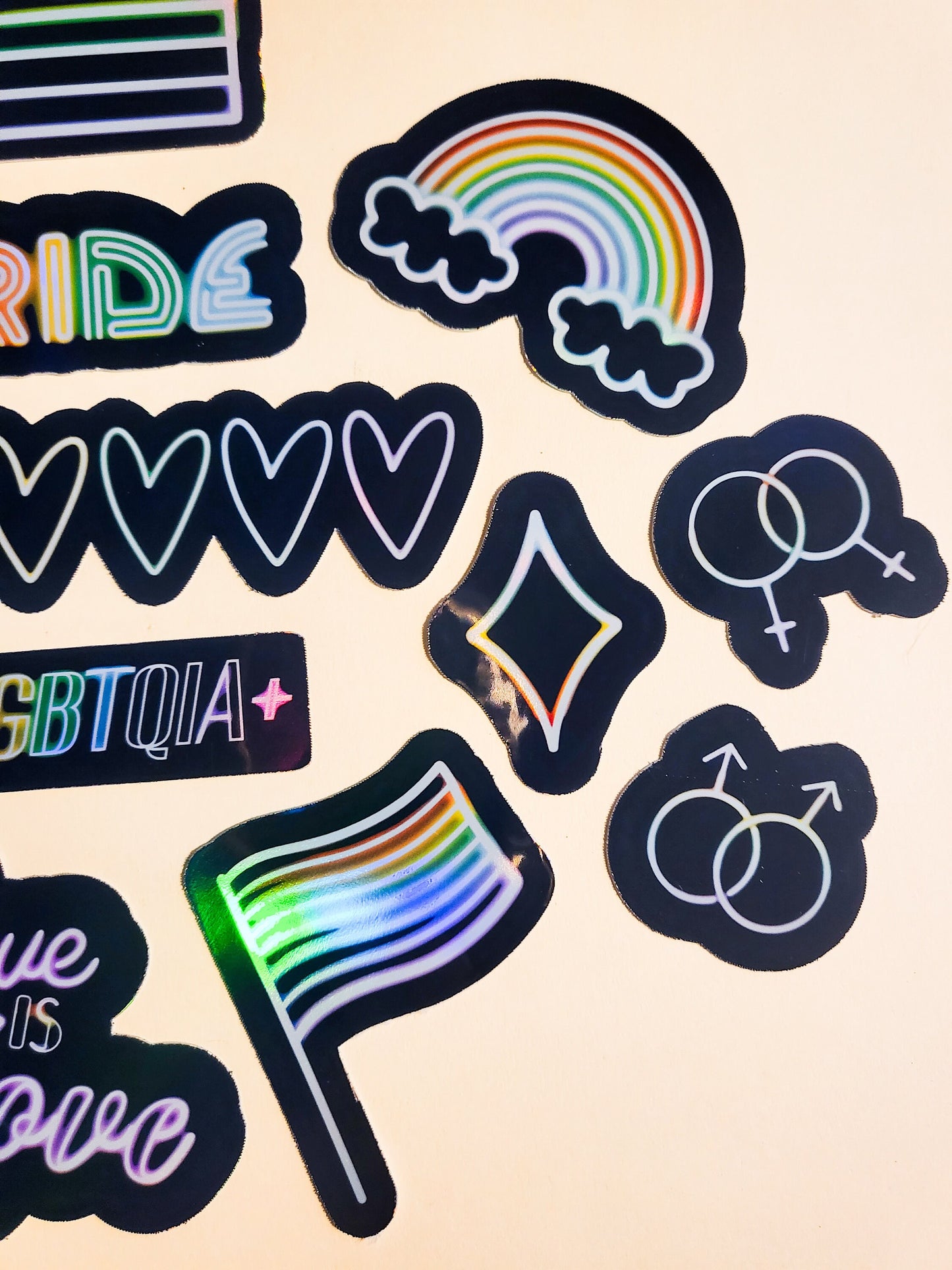 Neon Pride Sticker Set - Pack of 16 Holographic Stickers - LGBTIQA+ love is love rainbow flag hearts activist human rights gay lesbian bi