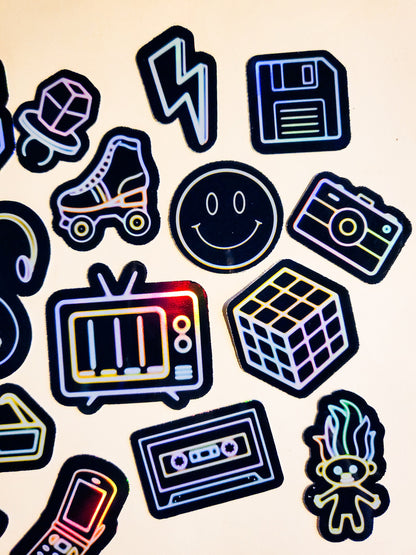 Neon Retro Tech Sticker Set -Pack of 22 Holographic Stickers - 80s 90s 1980s 1990s vintage technology nostalgia gameboy ninties eighties y2k