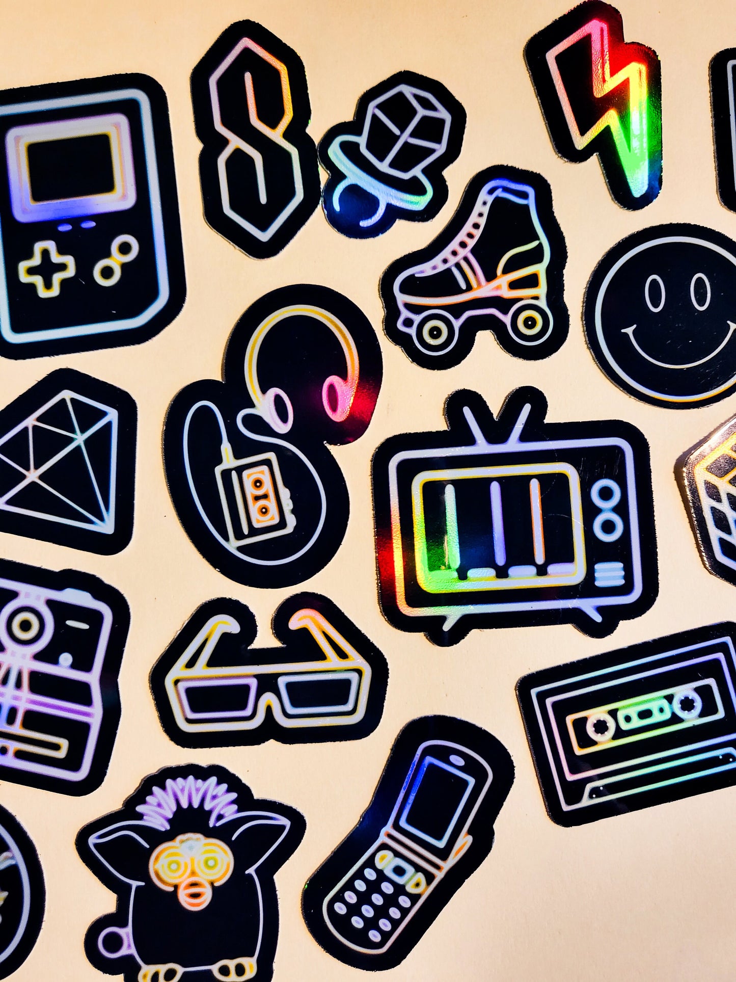 Neon Retro Tech Sticker Set -Pack of 22 Holographic Stickers - 80s 90s 1980s 1990s vintage technology nostalgia gameboy ninties eighties y2k