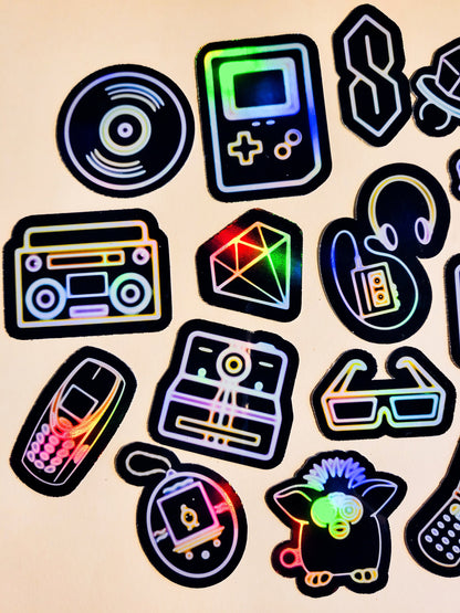 Neon Retro Tech Sticker Set -Pack of 22 Holographic Stickers - 80s 90s 1980s 1990s vintage technology nostalgia gameboy ninties eighties y2k