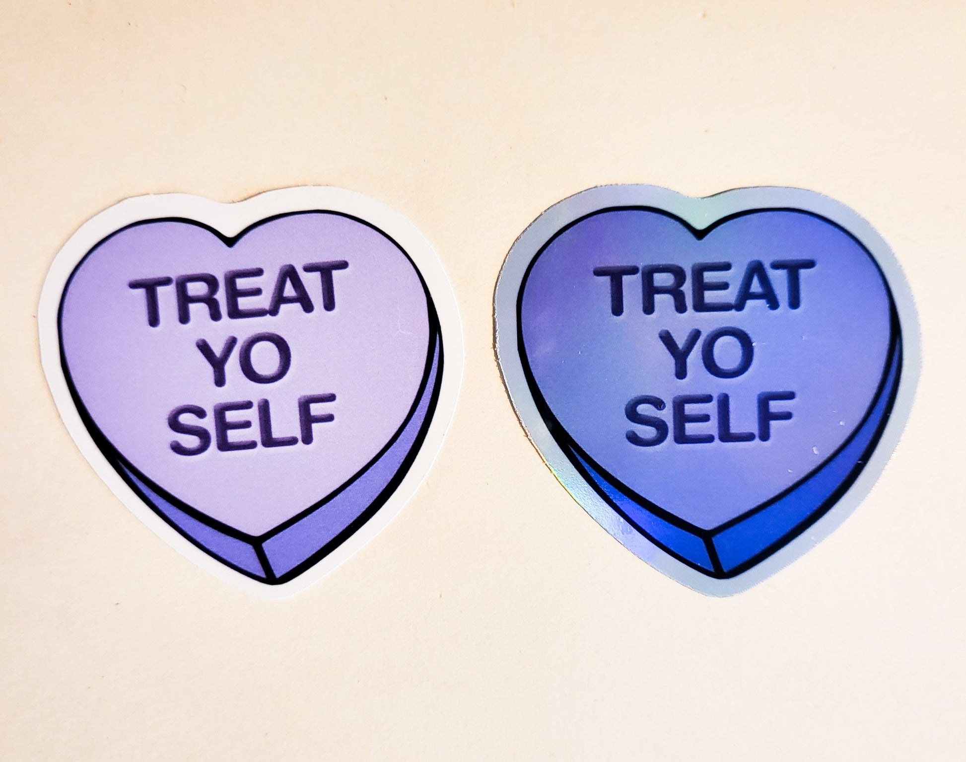 Treat Yo Self Convo Heart Sticker - Glossy or Holographic - 2.2" - conversation hearts candy valentine galentine valentines day decal cute