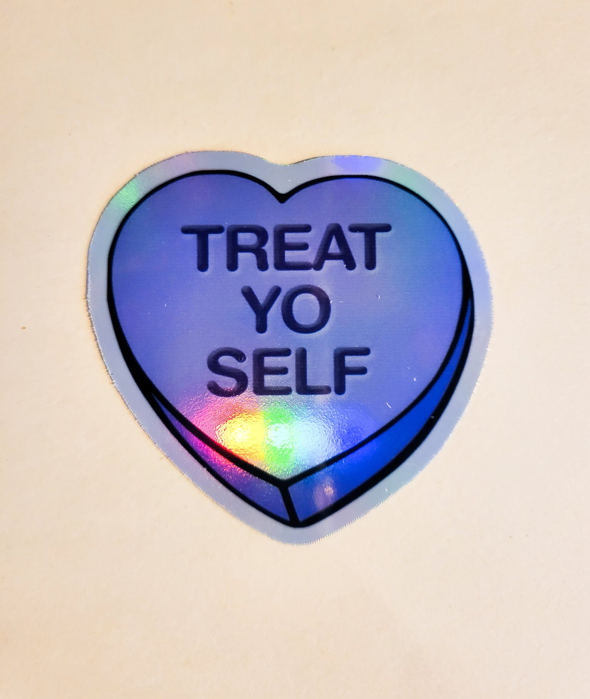 Treat Yo Self Convo Heart Sticker - Glossy or Holographic - 2.2" - conversation hearts candy valentine galentine valentines day decal cute