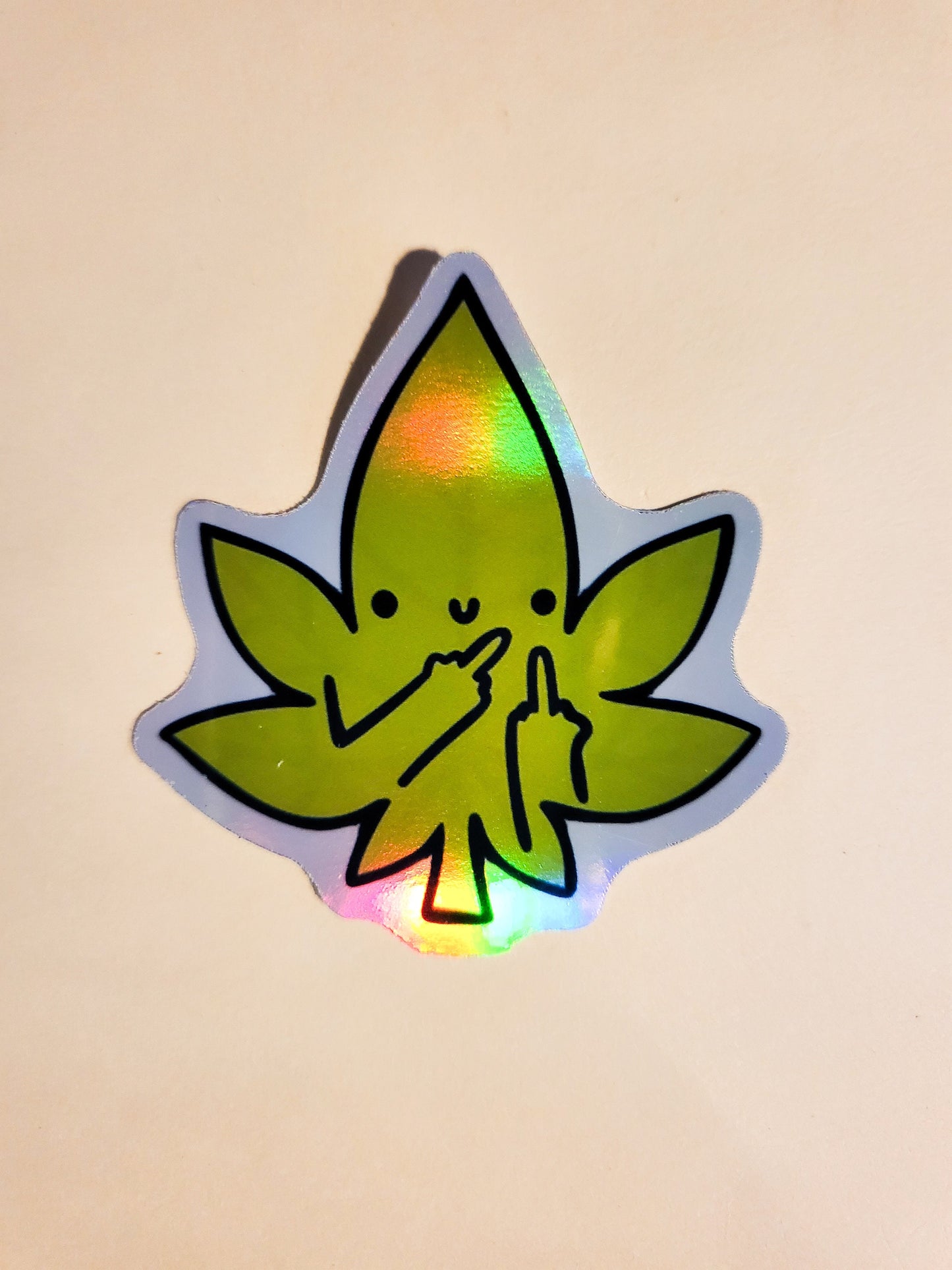 Middle Finger Pot Leaf Sticker - Glossy or Holographic -2.3" x 2.4" - decal stoner 420 marijuana weed stoner high stickers cannabis flip