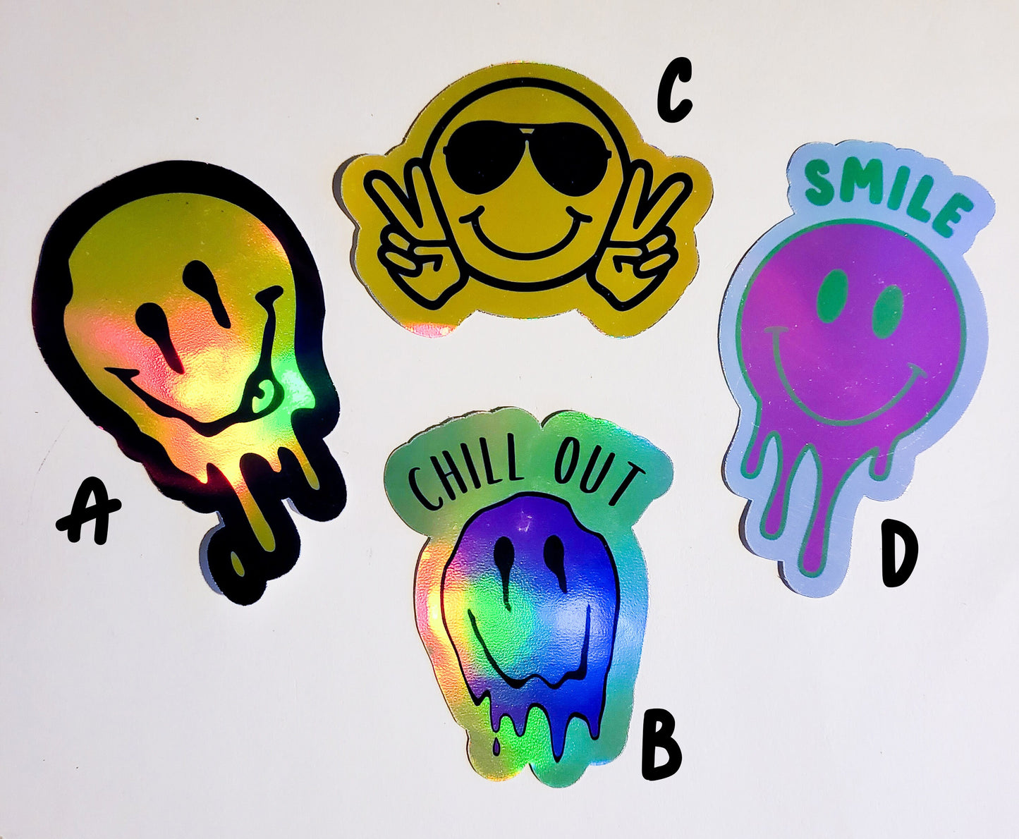 Trippy Smiles - 4 sticker set or Single Stickers - holographic - smile drip chill out peace sunglasses face black yellow pink green