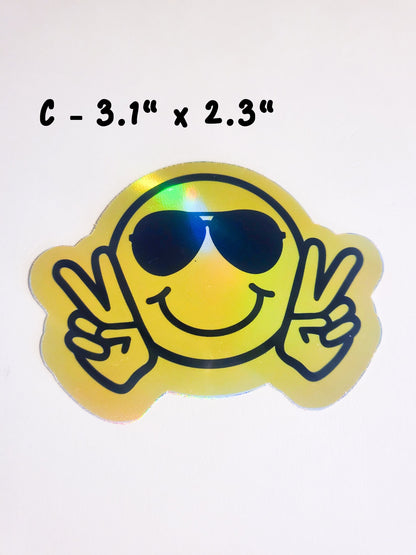 Trippy Smiles - 4 sticker set or Single Stickers - holographic - smile drip chill out peace sunglasses face black yellow pink green