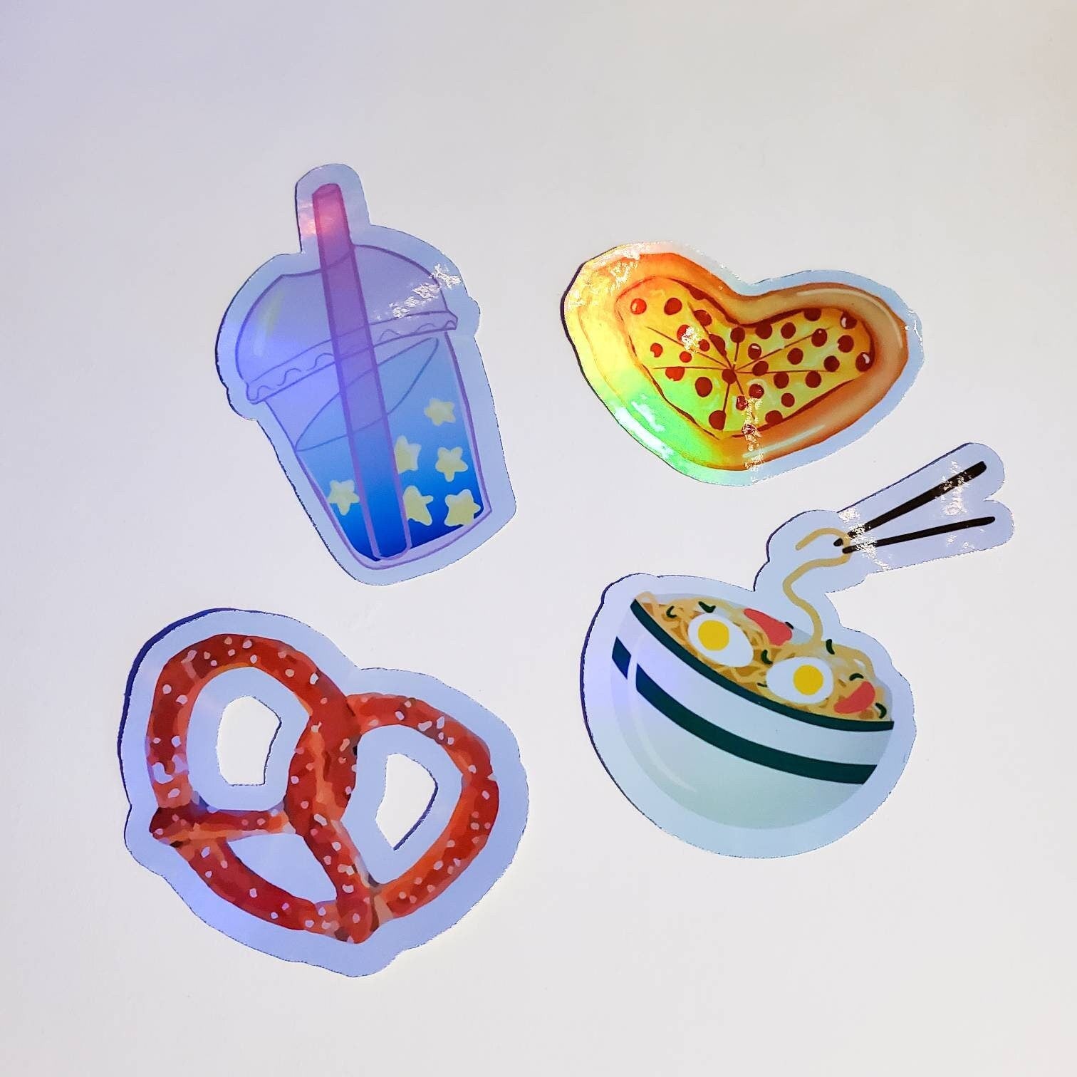 Foodie Sticker Pack or Single Stickers - Holographic Waterproof - Pizza Heart Pretzel Boba Ramen 90 y2k mall cute food doodles original art