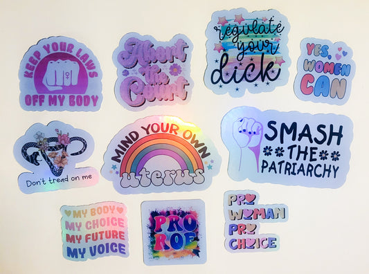 Pro-Choice Sticker Set - Pack of 10 Holographic Stickers - pro roe v wade 1973 abort the court feminist feminism womens rights mind your own