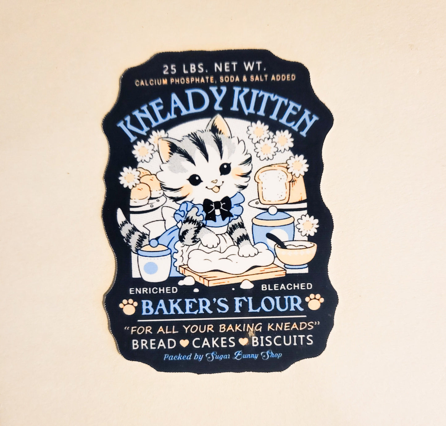 Kneady Kitten Baker's Flour Sticker -Glossy 2.2" x 3"- stickers decal cute cat baking bakery