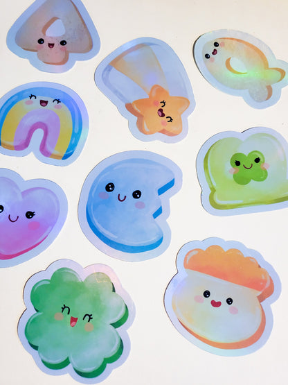 Kawaii Lucky Charms - Holographic or Glossy - Set of 15 Stickers - cereal cute faces rainbow heart star moon clover sticker decal gift food