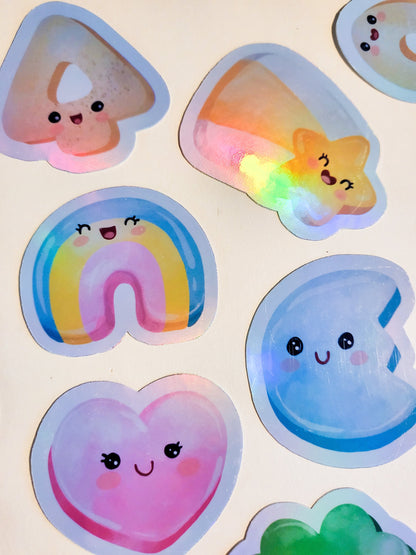 Kawaii Lucky Charms - Holographic or Glossy - Set of 15 Stickers - cereal cute faces rainbow heart star moon clover sticker decal gift food