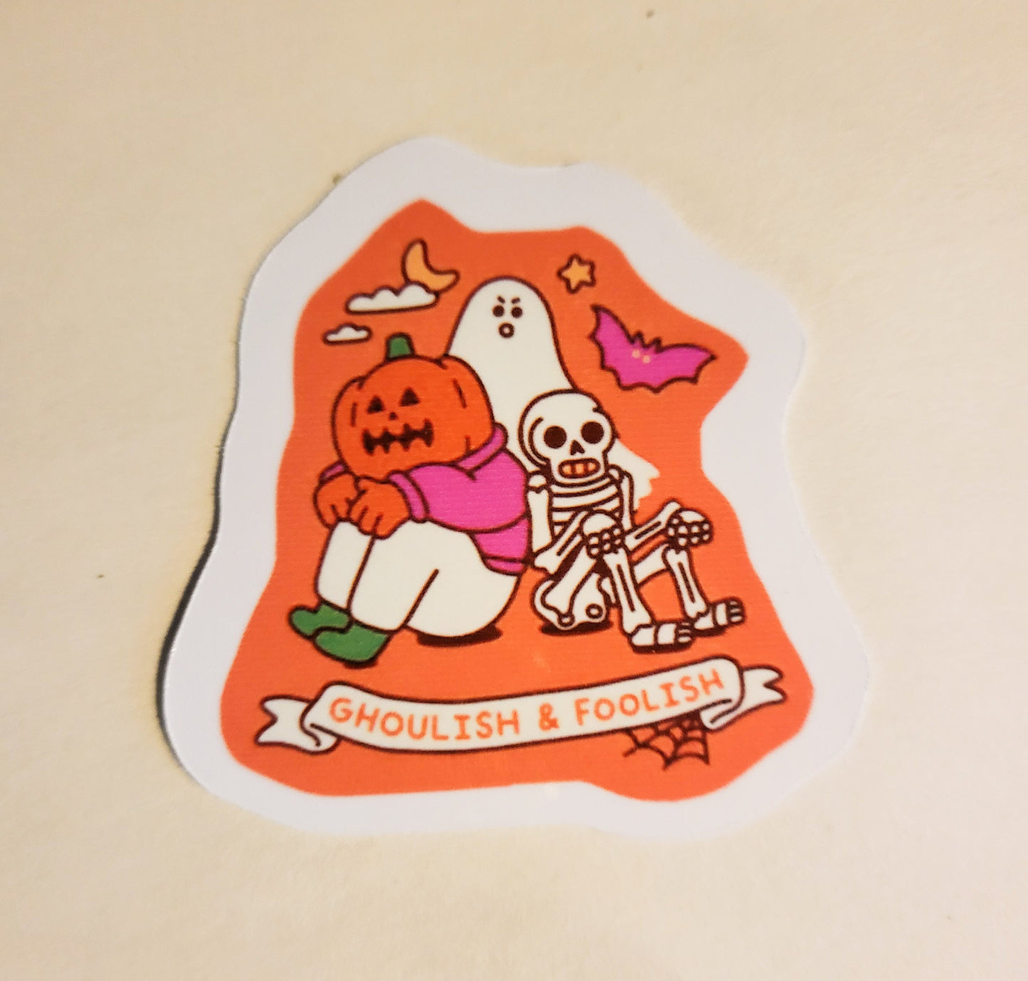 Ghoulish & Foolish Sticker - Glossy 2.2" x 2.3"- stickers decal cute halloween spooky spoopy season holiday skeleton ghost pumpkin