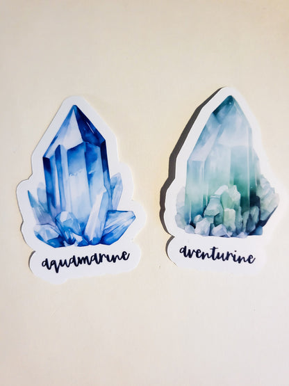 Watercolor Crystals - 18 glossy stickers - set or singles - 3.3" - amethyst rose quartz citrine selenite carnelian obsidian agate malachite