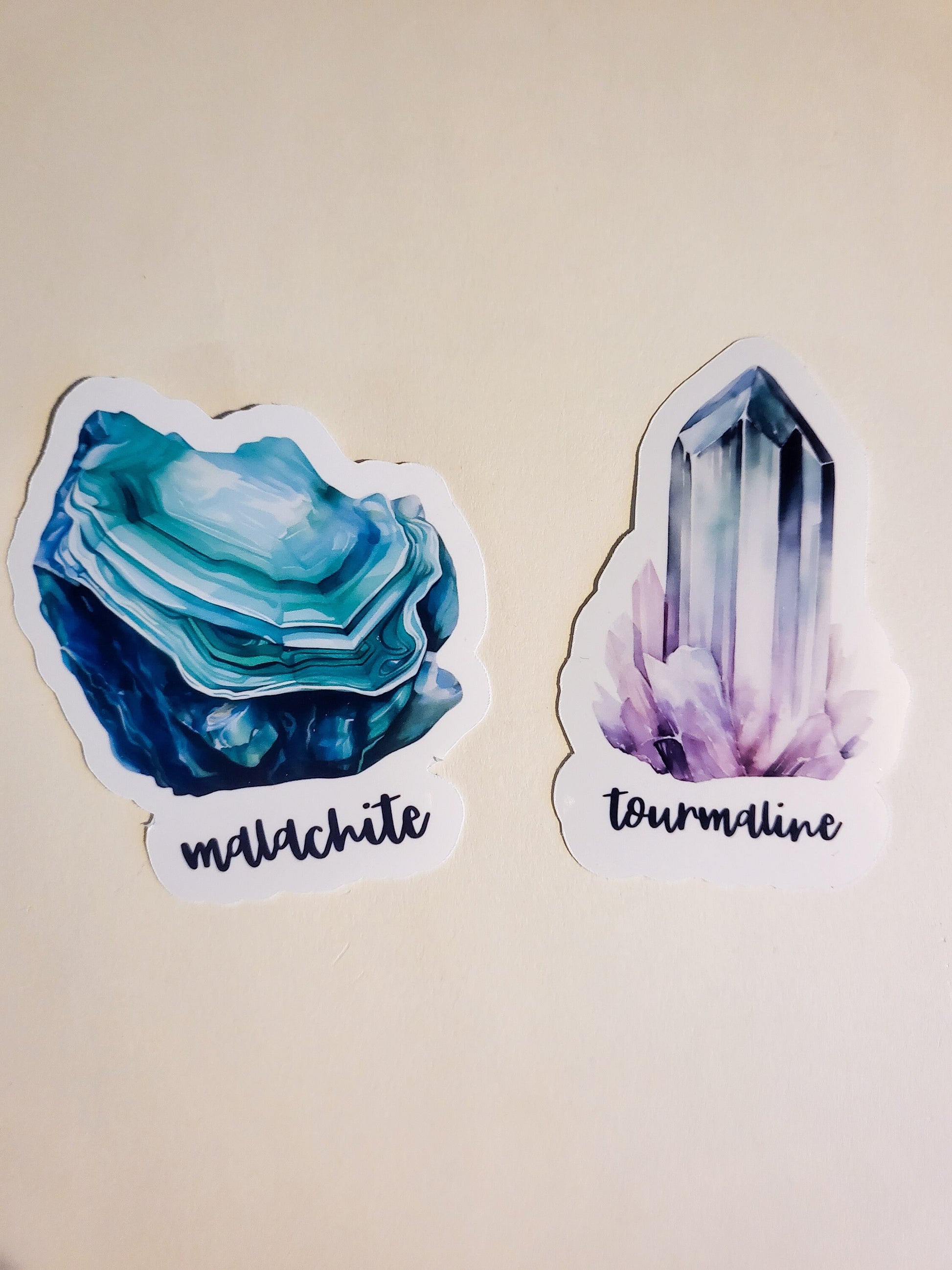 Watercolor Crystals - 18 glossy stickers - set or singles - 3.3" - amethyst rose quartz citrine selenite carnelian obsidian agate malachite