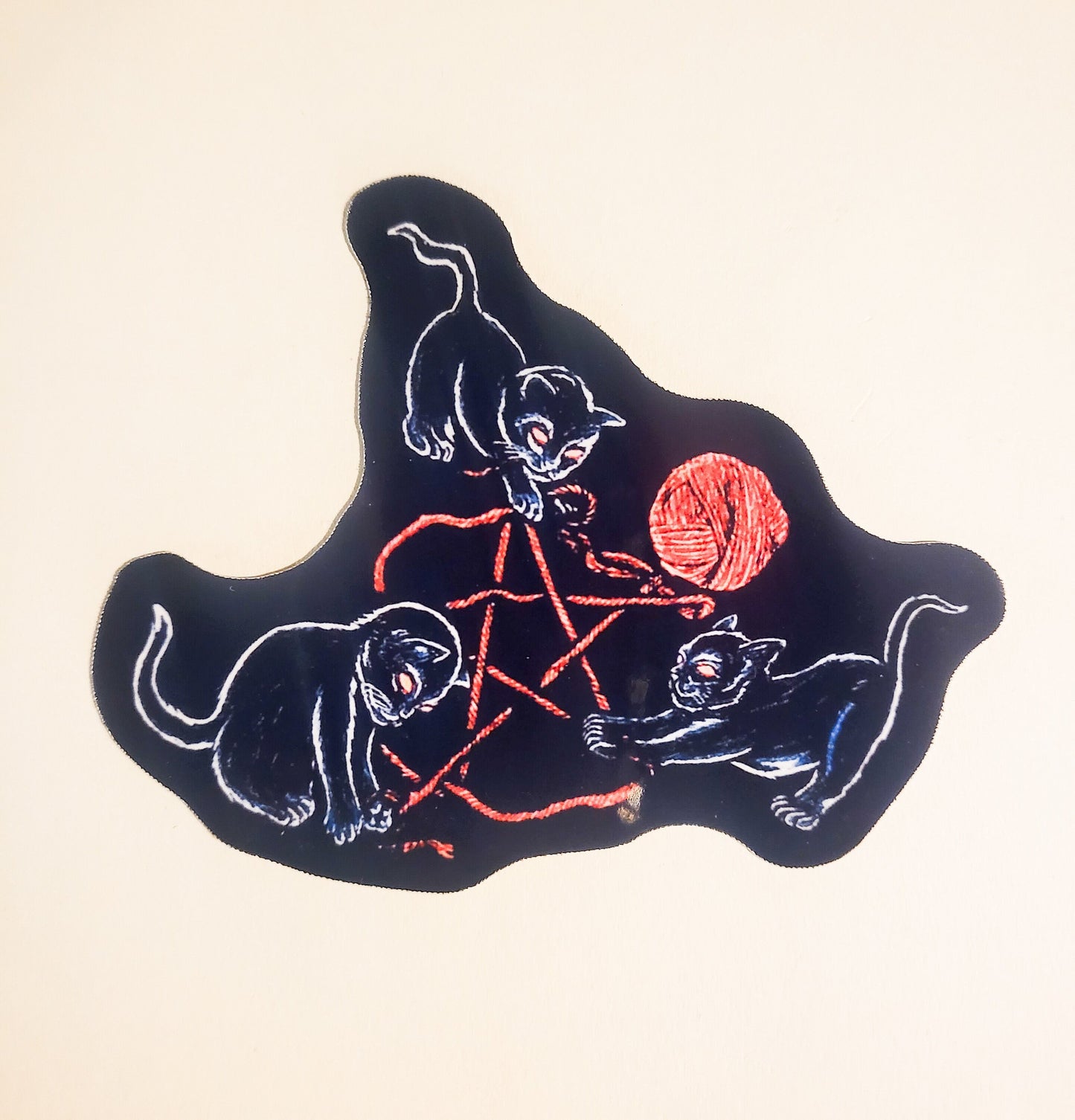 Demon Kitty Playtime Sticker - Glossy 3.4" x 3" - pentagram pentacle yarn play cats kittens cat witch black red