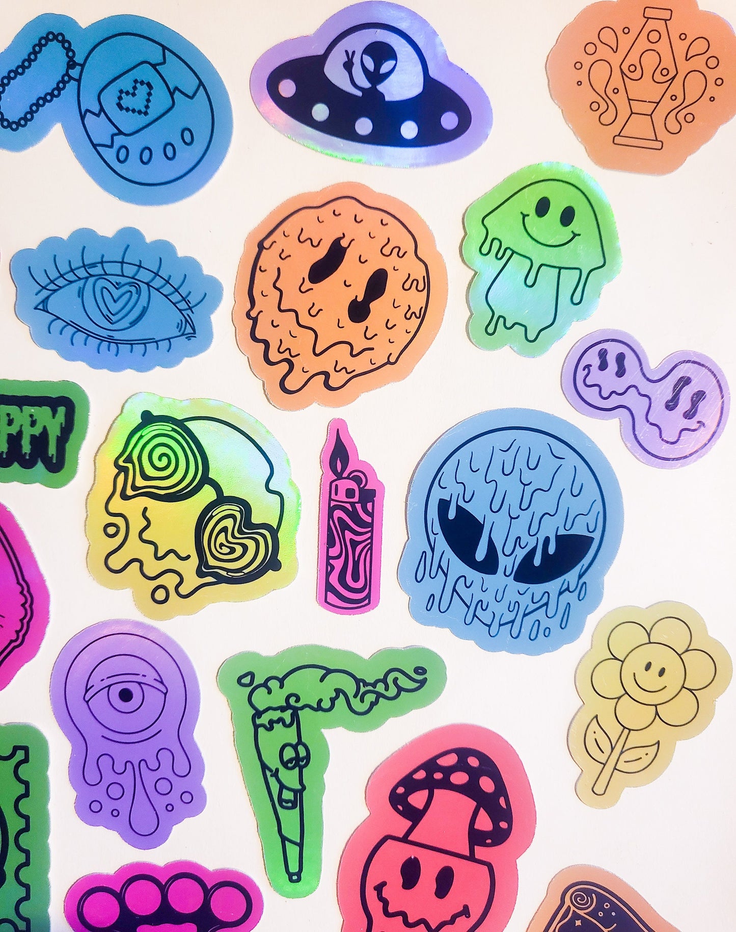 Trippy Vibes Sticker Set -Pack of 39 Holographic Stickers - drippy smile smiley trip drip skate cat alien pizza lighter shrooms colorful ufo