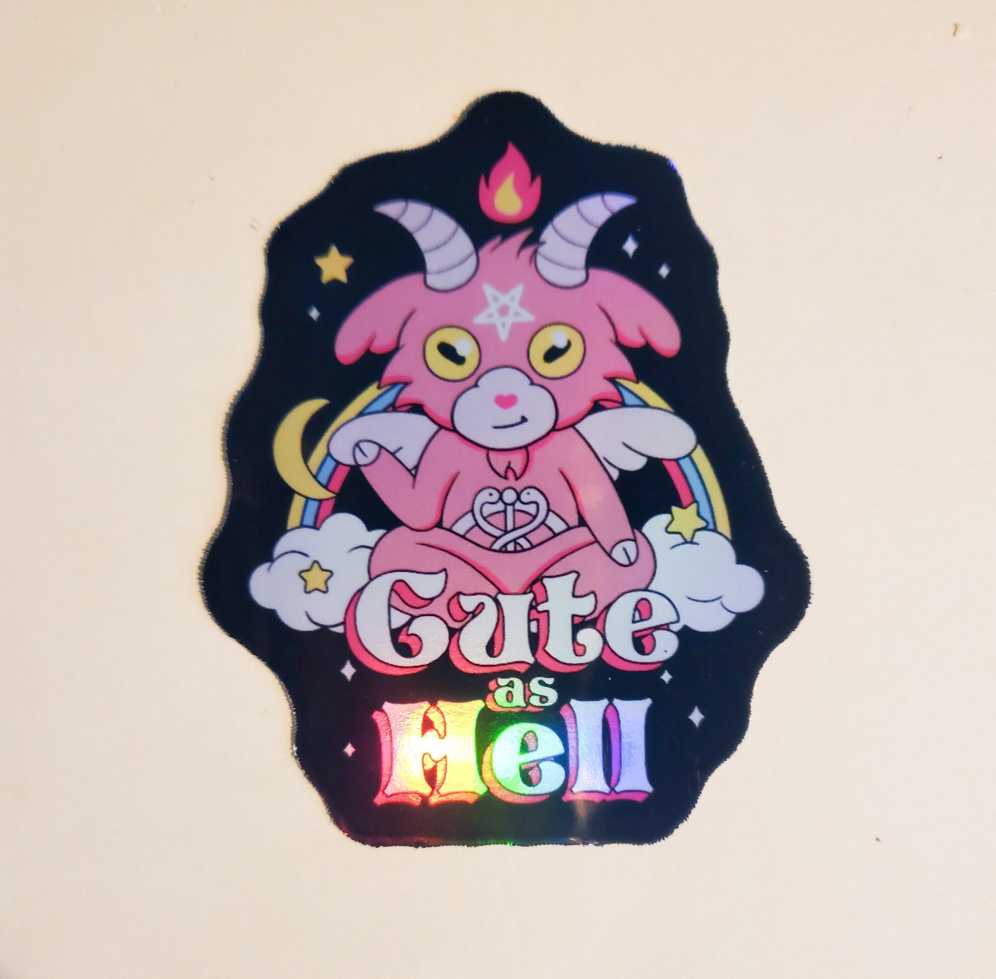 Cute as Hell Sticker - Holographic 2.4" x 3"- stickers decal devil satan goat pentacle pentagram pink rainbow moon stars pastel black demon