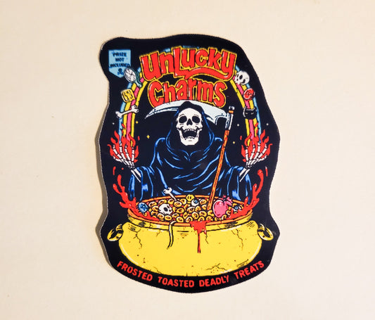 Unlucky Charms Sticker - Glossy 2.1" x 3" - stickers decal grim reaper death black cat pentacle pentagram cereal lucky